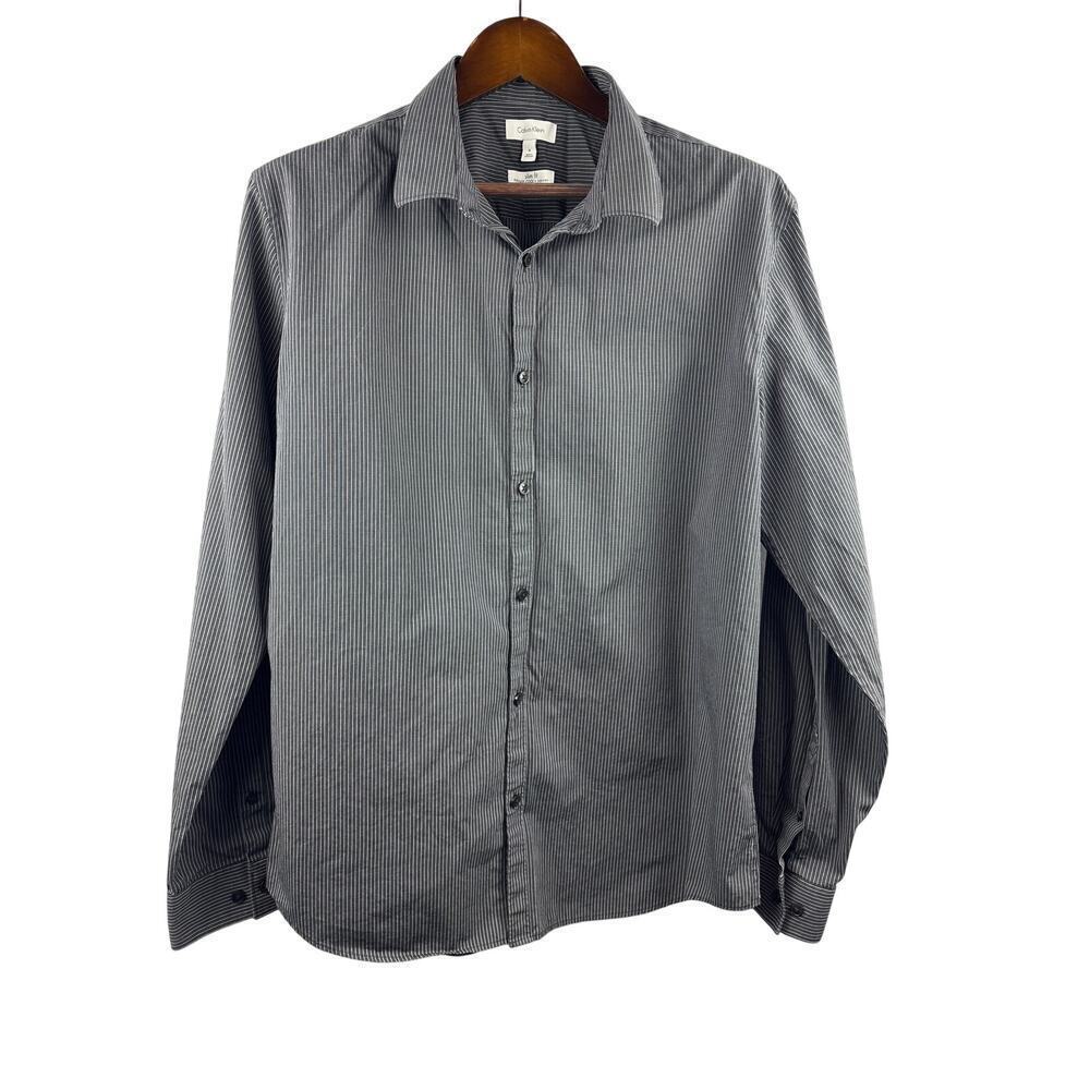 Women’s Calvin Klein XL Grey and White Pinstriped Button Up Shirt